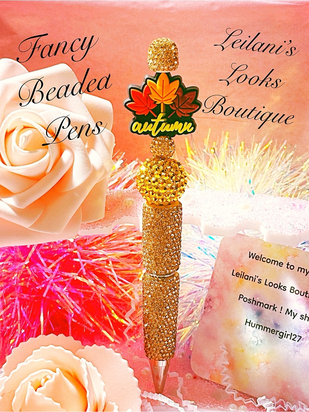 Gold Beaded Decorative Pen - Autumn Leaf Topper
